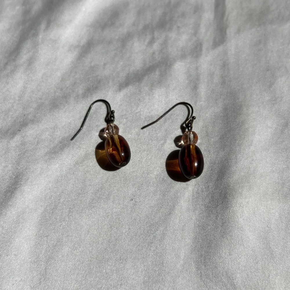 Amber Boho Earthy Glass Bead Drop Dangle Earrings OS Goblincore Forestcore Fairy - Picture 2 of 2